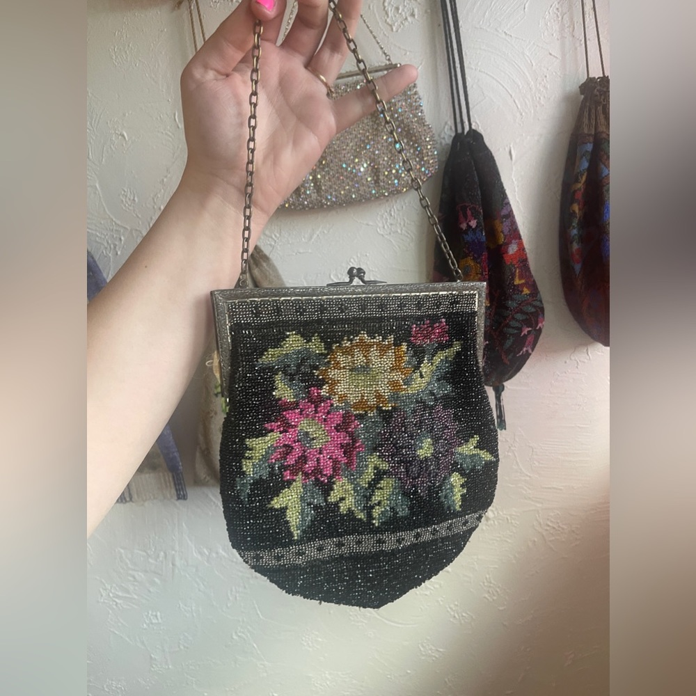 Vintage Floral beaded evening bag with Silver frame & strap multicolor beads!